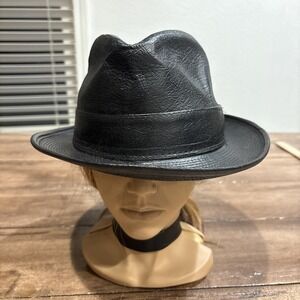 Vtg PENNEY'S Towncraft Genuine Black Leather Fedora Mens Hat Size S Union Made